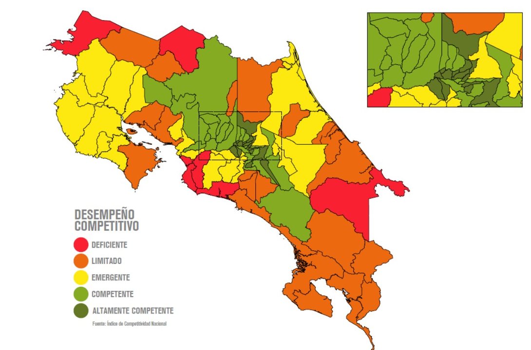 Mapa de Costa Rica según la competitividad. Imagen: Consejo de Promoción de la Competitividad