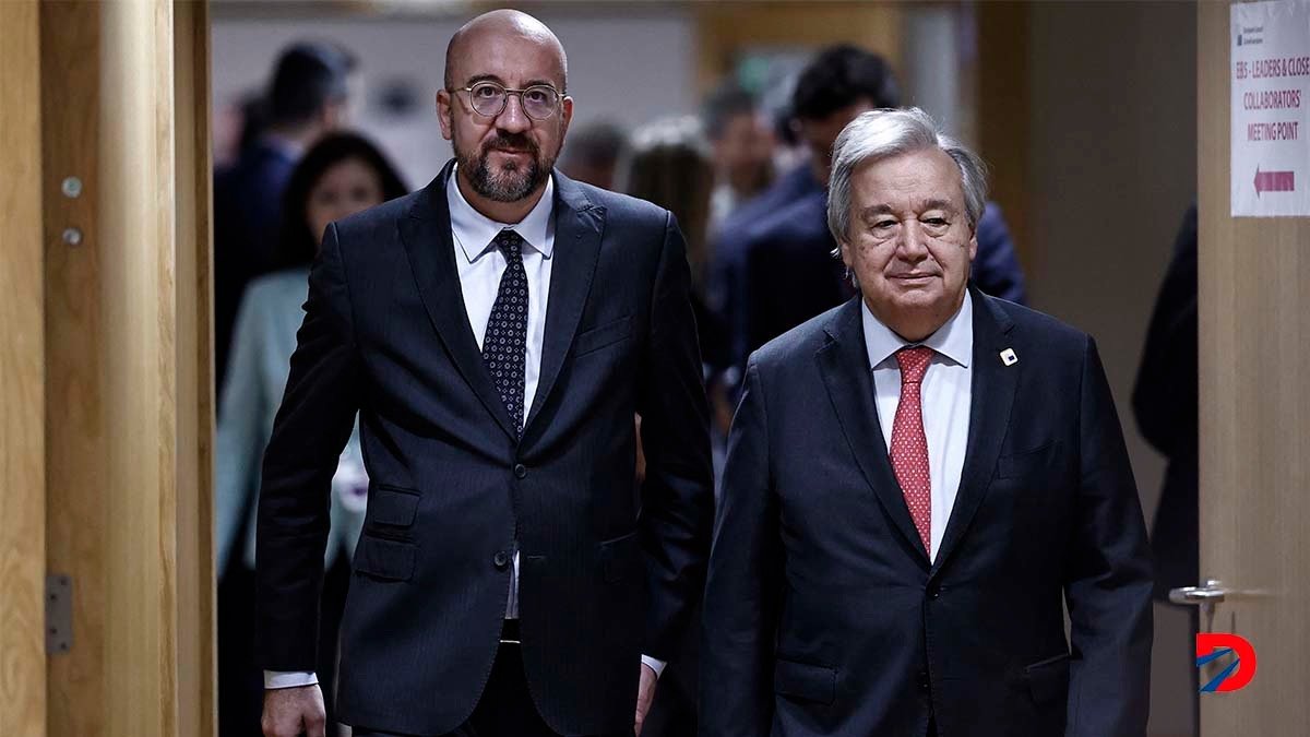 El presidente del Consejo de Europa, Charles Michel, y el secretario general de la ONU, Antonio Guterres, en un encuentro de Bruselas. Foto: Sameer Al-Doumy / AFP.