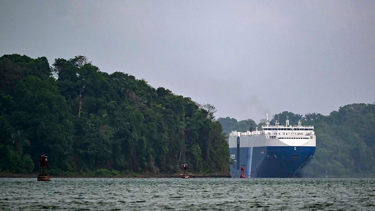 Vista de un carguero en el Lago Gatún, en el Canal de Panamá. Foto: Martín Bernetti / AFP.