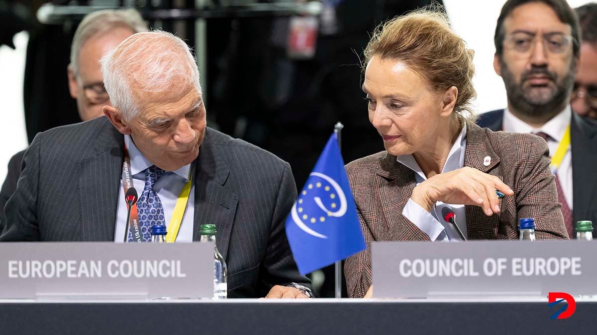 Josep Borell y la secretaria del Concejo de Europa, Marija Pejcinovic, durante una sesión sobre Ucrania. Foto: Urs Flueeler / Pool / AFP.